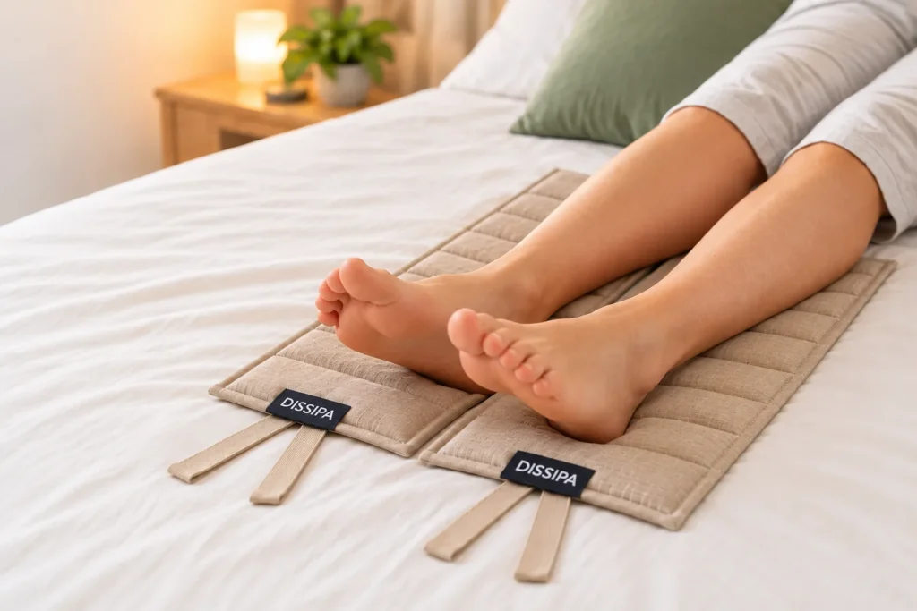 Personne allongée sur un lit, les jambes posées sur deux textiles DISSIPA côte à côte.