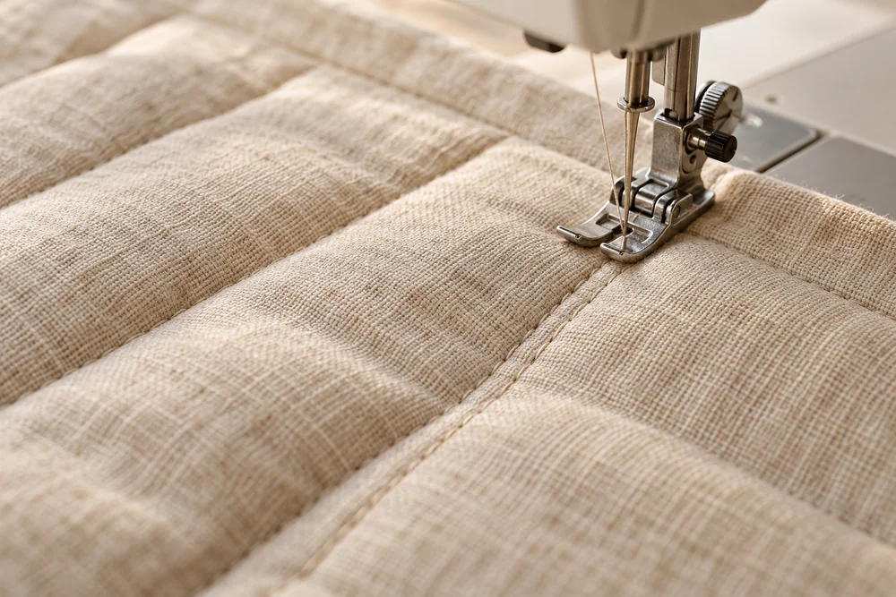 Gros plan sur la couture d’un textile en lin naturel à la machine.