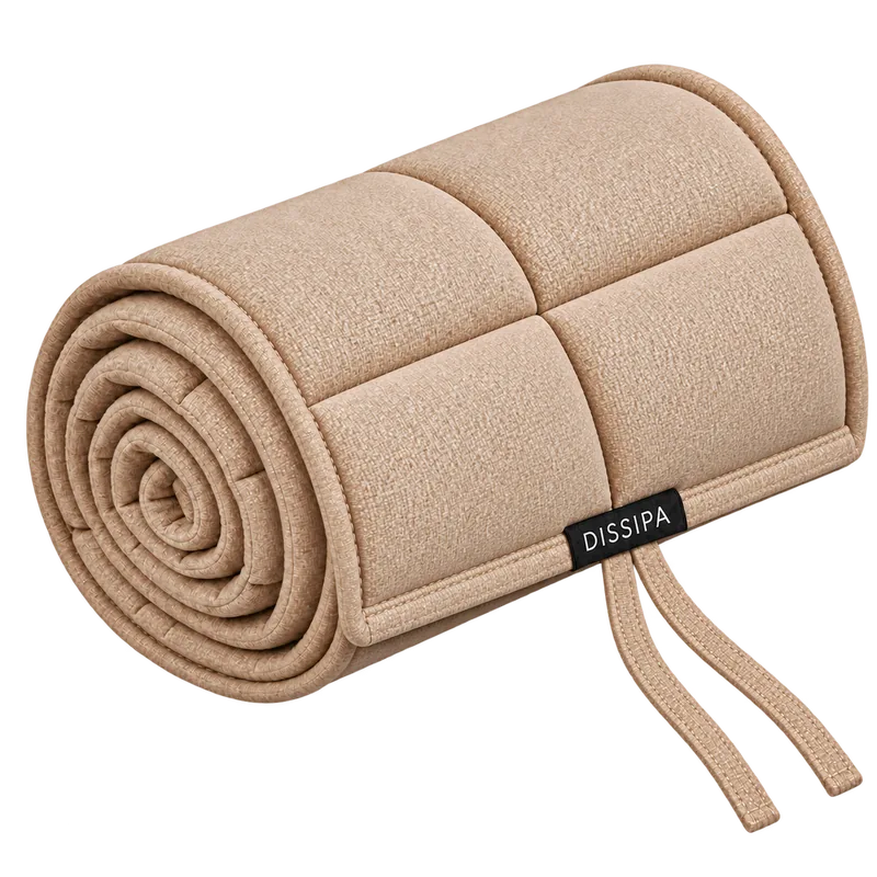 DISSIPA enroulé, avec l’étiquette et les deux liens au centre du bord extérieur du textile.