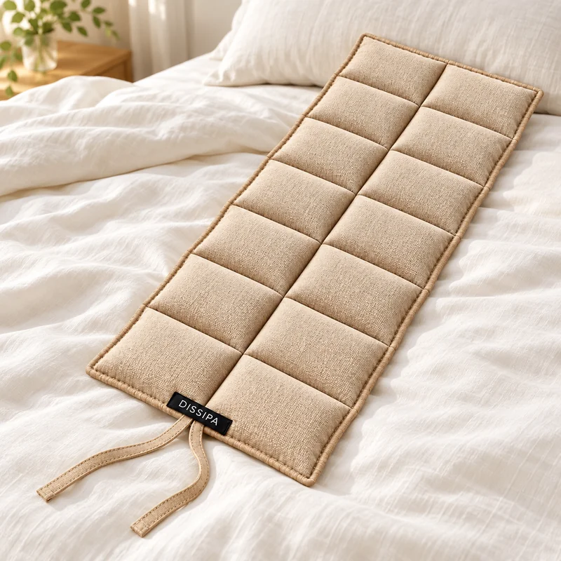 DISSIPA en lin naturel posé à plat sur un lit, avec son étiquette et ses deux liens visibles.