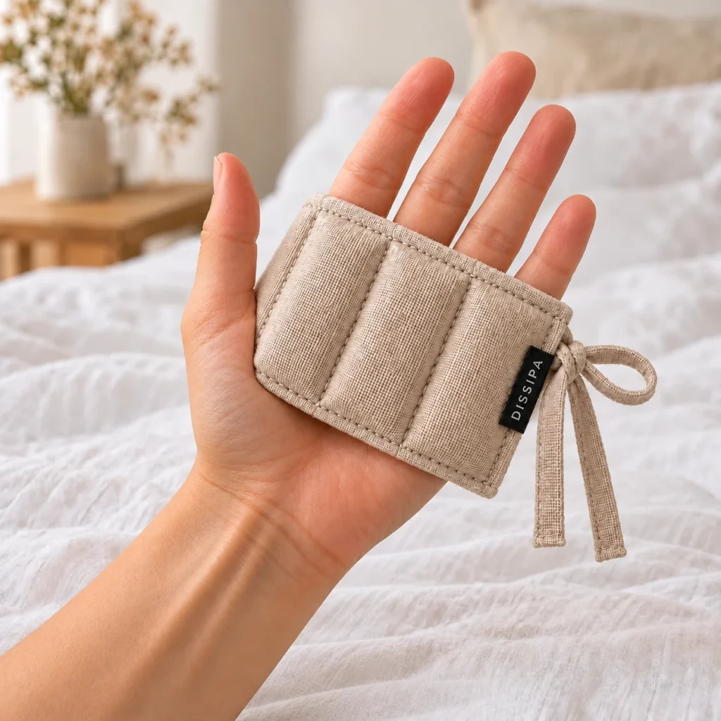 Textile DISSIPA plié en deux et enroulé autour de la main, avec le pouce libre et les extrémités des doigts visibles.