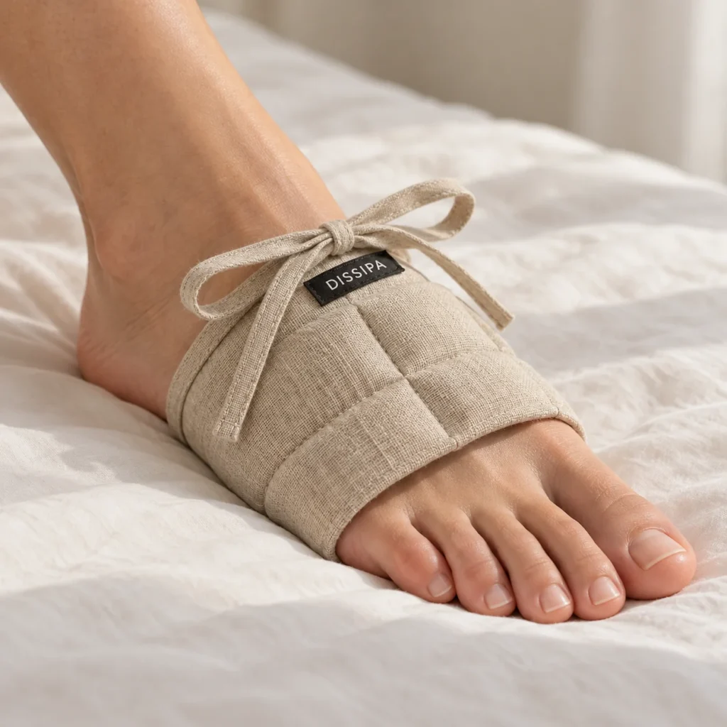 Textile DISSIPA enroulé autour du pied et maintenu par ses deux liens, avec les orteils visibles.