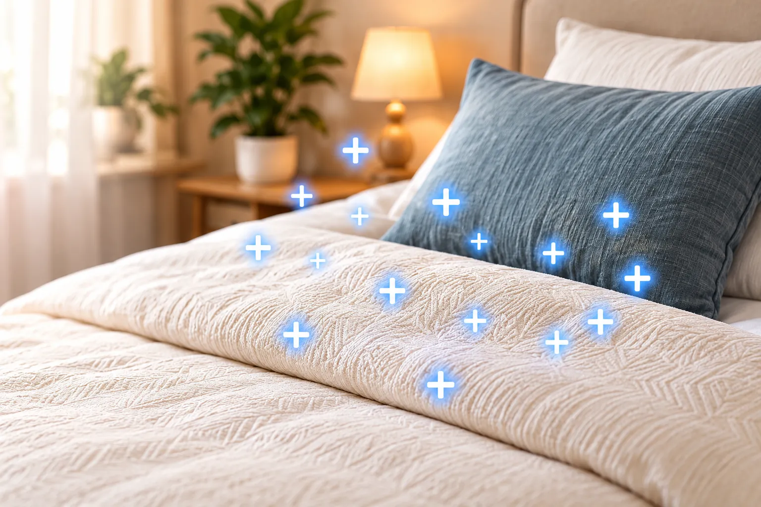 Illustration d’un lit et de textiles avec des symboles représentant les charges électrostatiques.