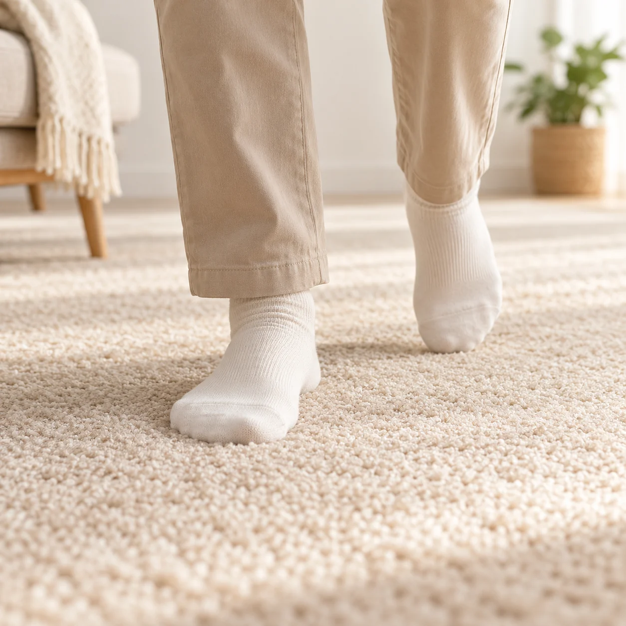 Pieds en chaussettes marchant sur une moquette claire.