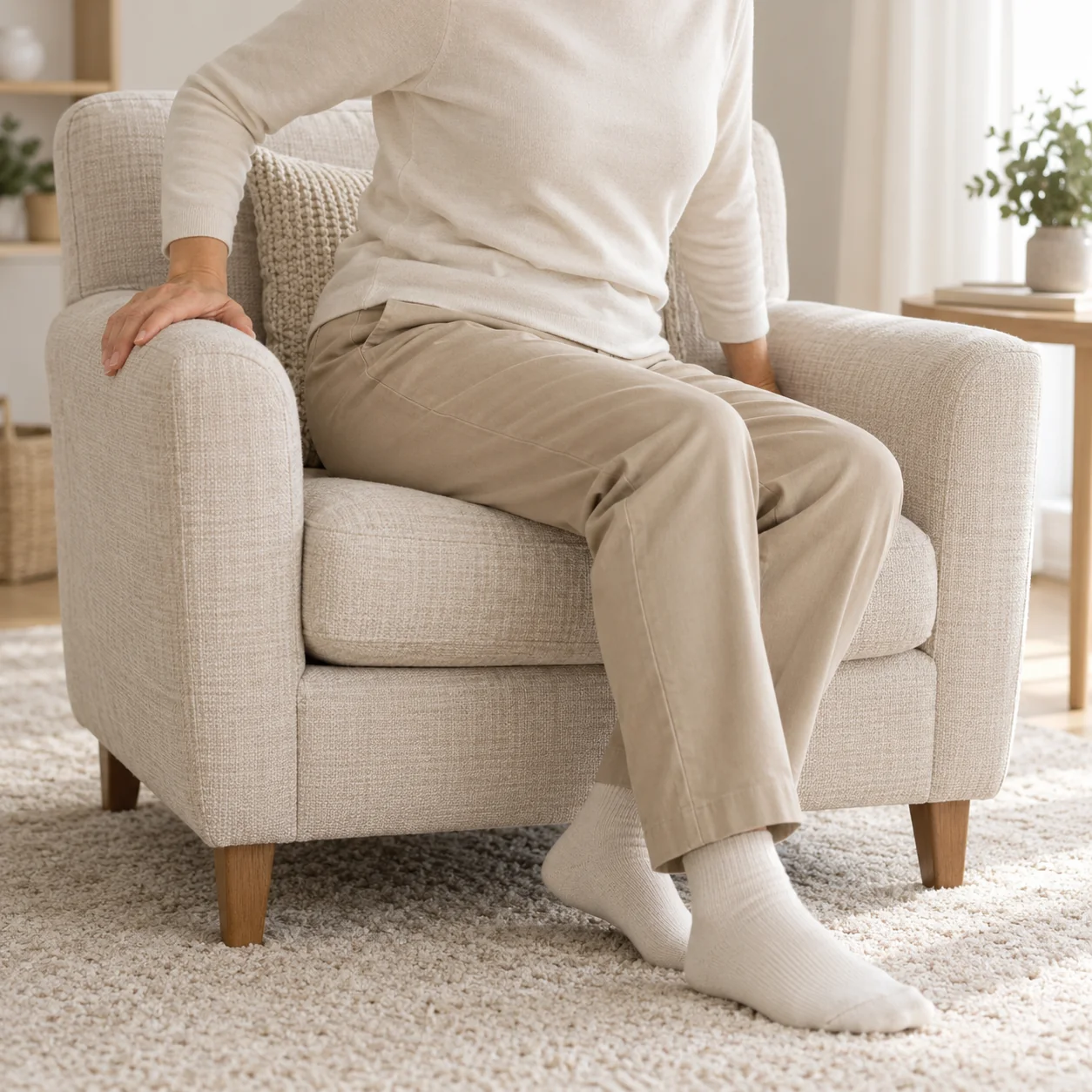 Personne changeant de position dans un fauteuil en tissu clair.