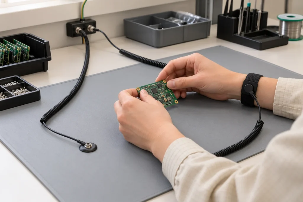 Poste de travail électronique équipé d’un tapis dissipatif et d’un bracelet antistatique.