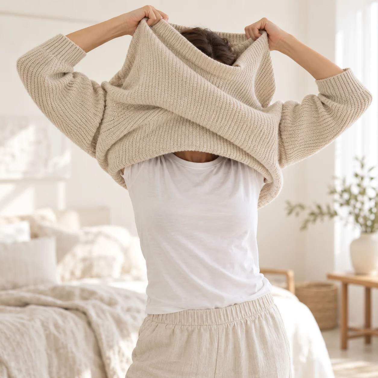 Personne retirant un pull beige par-dessus la tête.