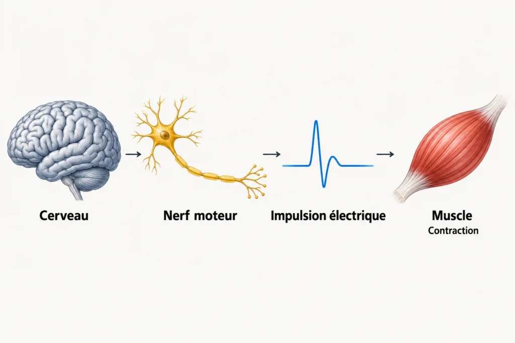 Schéma simplifié de la commande musculaire : cerveau, nerf moteur, signal électrique et contraction du muscle.