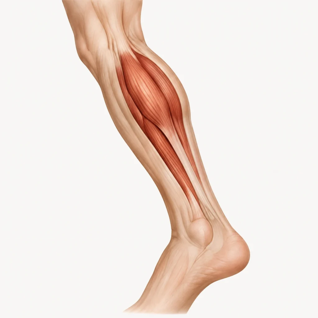 Illustration anatomique du mollet montrant le muscle et le tendon d’Achille.